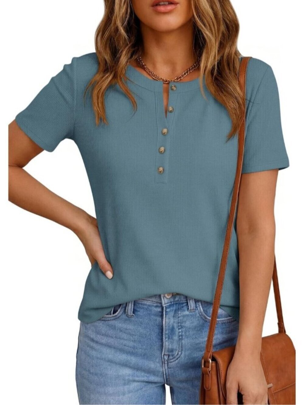 〽️Women's Dusty Blue Short Sleeve Henley Shirts Summer Blouses Dressy Casual